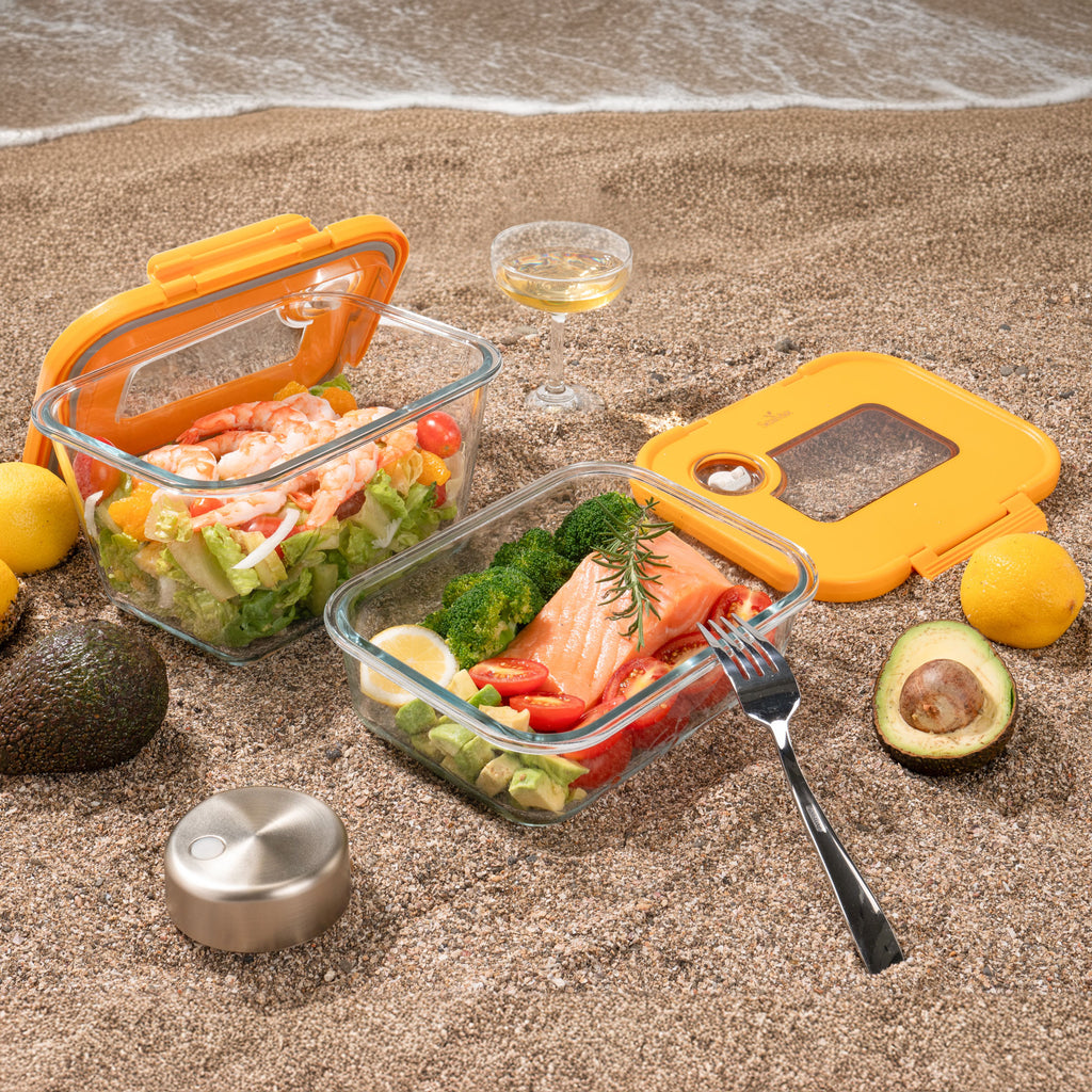 SEASON•SEAL Container(1L+1M)-Orange | marinate container | vacuum container | glass container | vacuum storage container | Food storage Container | Fresh container | crisper container | vacuum crisper | Airtight crisper container | glass crisper | Storage container | pickled container