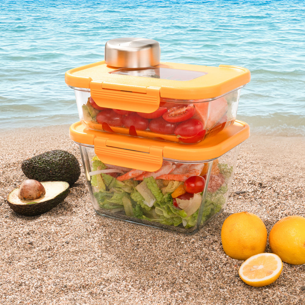 SEASON•SEAL Container(1L+1M)-Orange | marinate container | vacuum container | glass container | vacuum storage container | Food storage Container | Fresh container | crisper container | vacuum crisper | Airtight crisper container | glass crisper | Storage container | pickled container