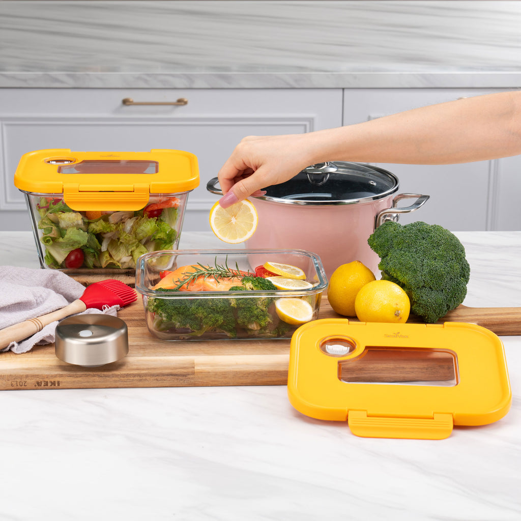 SEASON•SEAL Container(1L+1M)-Orange | marinate container | vacuum container | glass container | vacuum storage container | Food storage Container | Fresh container | crisper container | vacuum crisper | Airtight crisper container | glass crisper | Storage container | pickled container