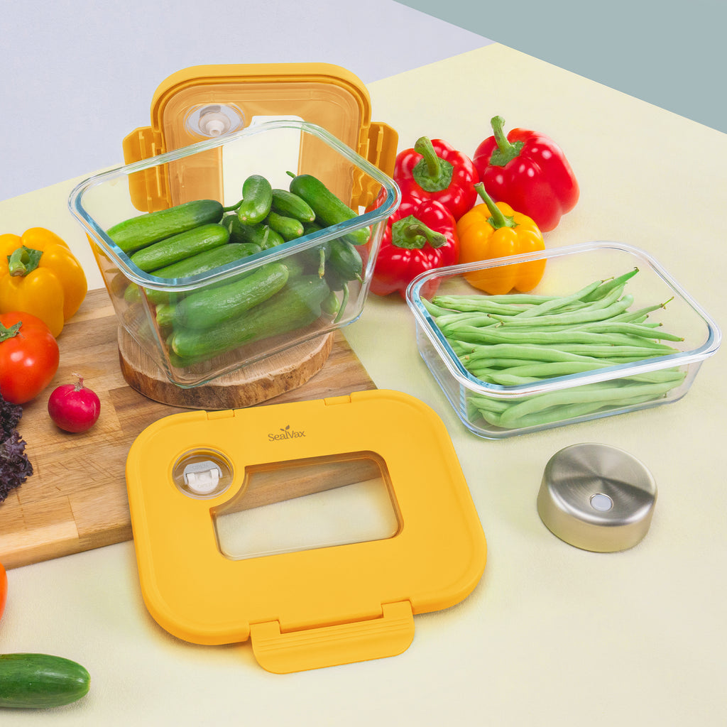 SEASON•SEAL Container(1L+1M)-Orange | marinate container | vacuum container | glass container | vacuum storage container | Food storage Container | Fresh container | crisper container | vacuum crisper | Airtight crisper container | glass crisper | Storage container | pickled container