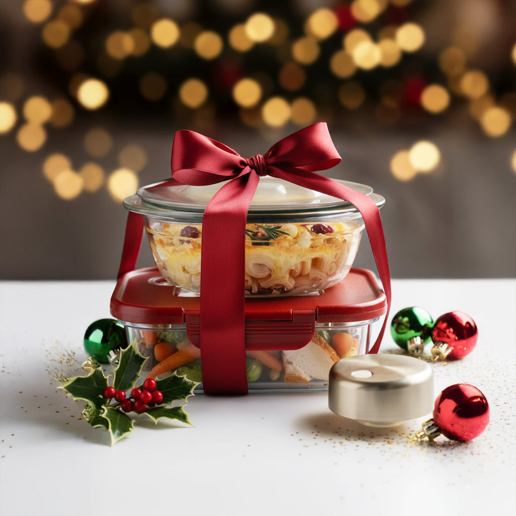 SeasonSeal Containers | SeasonSeal Casserole | Glass food containers with a red ribbon on a festive background