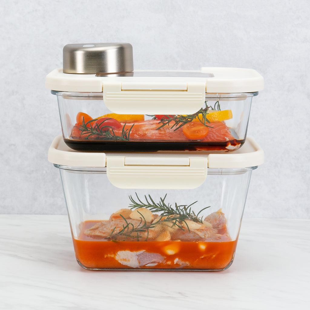 SEASON•SEAL Container(1L+1M)-Cream | marinate container | vacuum container | glass container | vacuum storage container | Food storage Container | Fresh container | crisper container | vacuum crisper | Airtight crisper container | glass crisper | Storage container | pickled container