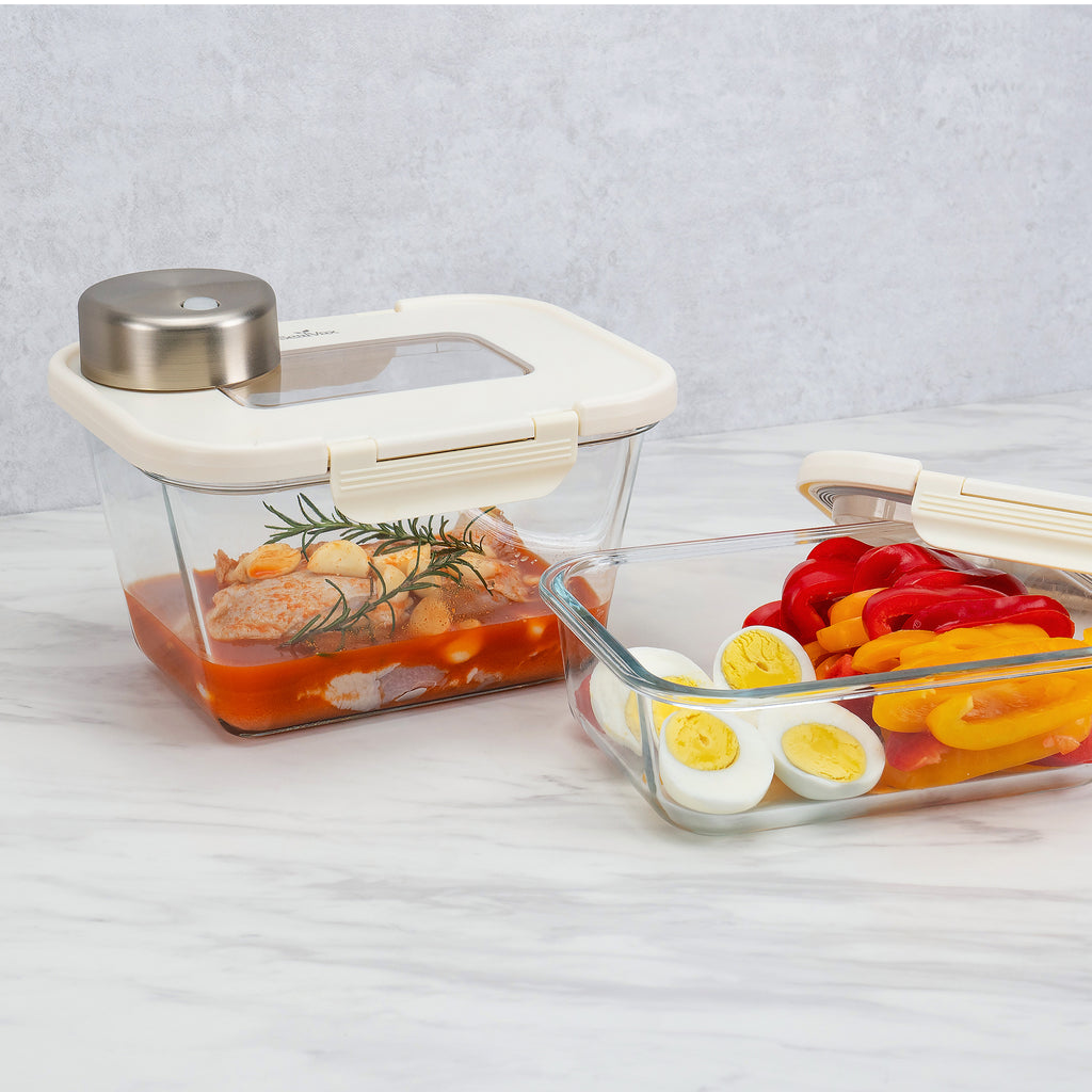 SEASON•SEAL Container(1L+1M)-Cream | marinate container | vacuum container | glass container | vacuum storage container | Food storage Container | Fresh container | crisper container | vacuum crisper | Airtight crisper container | glass crisper | Storage container | pickled container