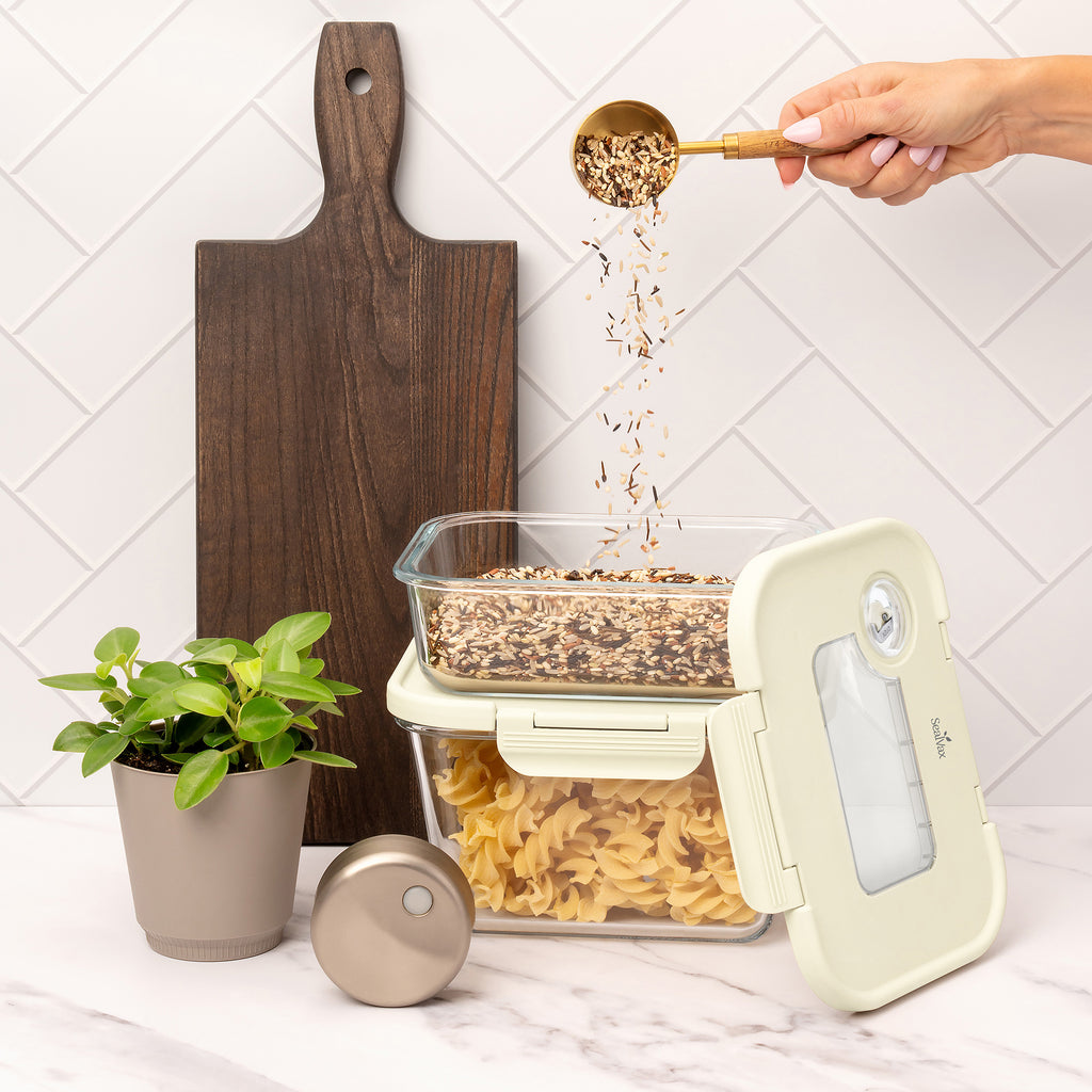 SEASON•SEAL Container(1L+1M)-Cream | marinate container | vacuum container | glass container | vacuum storage container | Food storage Container | Fresh container | crisper container | vacuum crisper | Airtight crisper container | glass crisper | Storage container | pickled container