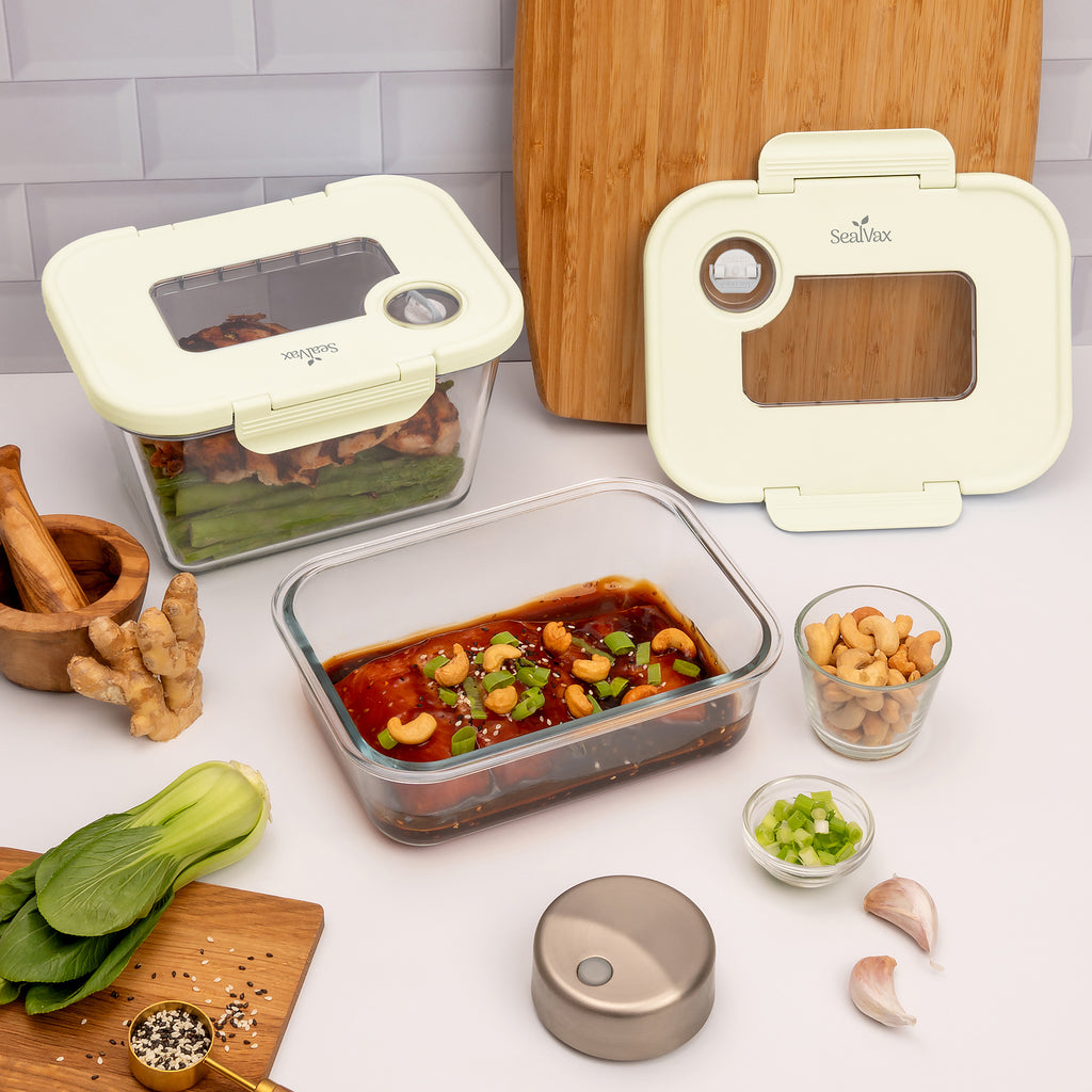 SEASON•SEAL Container(1L+1M)-Cream | marinate container | vacuum container | glass container | vacuum storage container | Food storage Container | Fresh container | crisper container | vacuum crisper | Airtight crisper container | glass crisper | Storage container | pickled container